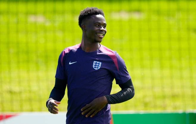 Bukayo Saka of England England Training, UEFA European Championship, EM, Europameisterschaft 2024, Final, Football, Spa & Golf Resort Weimarer Land, Blankenhain, Germany, 13 Jul 2024 EDITORIAL USE ONLY No use with unauthorised audio, video, data, fixture lists, club league logos or live services. Online in-match use limited to 120 images, no video emulation. No use in betting, games or single club league player publications. Copyright: xDavexShopland Shutterstockx 14583292bu
