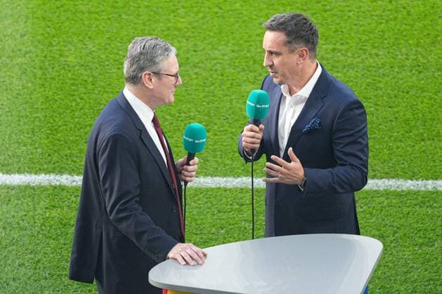 Sir Keir Starmer, Prime Minister of the United Kingdom is interviewed by Gary Neville on ITV Spain v England, UEFA European Championship, EM, Europameisterschaft 2024, Final, Football, Olympiastadion, Berlin, Germany, 14 Jul 2024 EDITORIAL USE ONLY No use with unauthorised audio, video, data, fixture lists, club league logos or live services. Online in-match use limited to 120 images, no video emulation. No use in betting, games or single club league player publications. Copyright: xDavexShopland Shutterstockx 14583342l