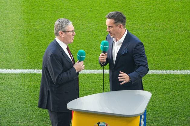 Sir Keir Starmer, Prime Minister of the United Kingdom is interviewed by Gary Neville on ITV Spain v England, UEFA European Championship, EM, Europameisterschaft 2024, Final, Football, Olympiastadion, Berlin, Germany, 14 Jul 2024 EDITORIAL USE ONLY No use with unauthorised audio, video, data, fixture lists, club league logos or live services. Online in-match use limited to 120 images, no video emulation. No use in betting, games or single club league player publications. Copyright: xDavexShopland Shutterstockx 14583342m