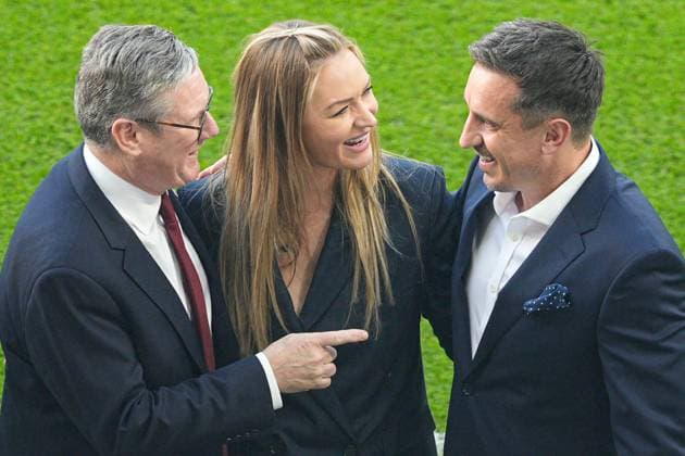 Sir Keir Starmer, Prime Minister of the United Kingdom (L), Laura Woods (centre) and Gary Neville (R) on ITV Spain v England, UEFA European Championship, EM, Europameisterschaft 2024, Final, Football, Olympiastadion, Berlin, Germany, 14 Jul 2024 EDITORIAL USE ONLY No use with unauthorised audio, video, data, fixture lists, club league logos or live services. Online in-match use limited to 120 images, no video emulation. No use in betting, games or single club league player publications. Copyright: xDavexShopland Shutterstockx 14583342w