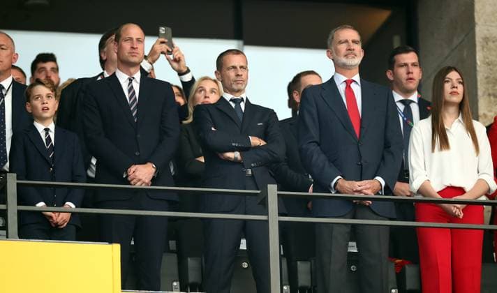 14 07 2024, xtgx, European Football Championship 2024 Final, Spain England emspor, f l Prince of Wales William HRH Prince William Arthur Philip Louis, Prince of Wales, Duke of Cornwall, Duke of Rothesay and Duke of Cambridge and son George, UEFA President Aleksander Ceferin, Felipe VI King of Spain , and daughter Sofia UEFA REGULATIONS PROHIBIT ANY USE OF PHOTOGRAPHS as IMAGE SEQUENCES and or QUASI VIDEO Berlin