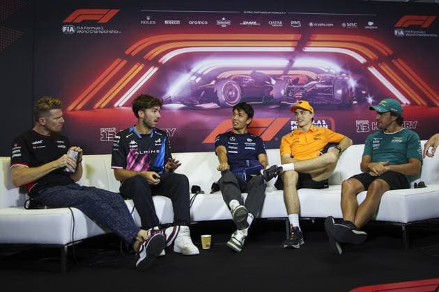 HULKENBERG Nico (ger), Haas F1 Team VF-24 Ferrari, portrait, GASLY Pierre (fra), Alpine F1 Team A524, portrait, ALBON Alexander (tha), Williams Racing FW46, portrait, PIASTRI Oscar (aus), McLaren F1 Team MCL38, portrait and ALONSO Fernando (spa), Aston Martin F1 Team AMR24, portrait at press conference, PK, Pressekonferenz during the Formula 1 Hungarian Grand Prix 2024, 13th round of the 2024 Formula One World Championship, WM, Weltmeisterschaft from July 19 to 21, 2024 on the Hungaroring, in Mogyorod, Hungary - F1 - HUNGARIAN GRAND PRIX 2024 DPPI Panoramic 240718_R11_UNGHERIA_DP_EA010908