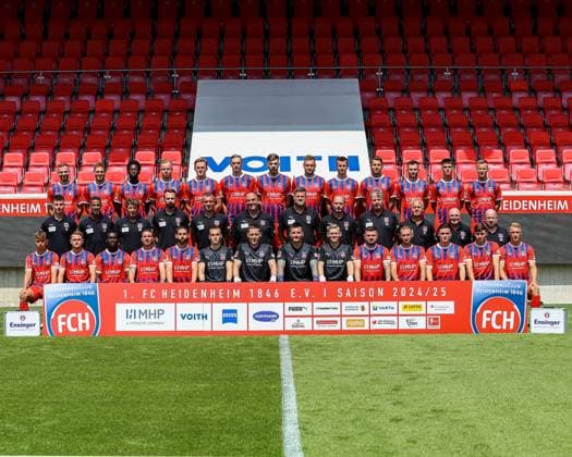 GER FC Heidenheim 1846 1 Bundesliga, Portraettermin 2024 2025 Team photo, 19 07 2024, Row 1 Standing on a beer bench From left to right Benedikt Gimber, Tim Siersleben, Omar Traore, Lennard Maloney, Mikkel Kaufmann, Maximilian Breunig, Julian Niehues, Patrick Mainka, Jan Schoeppner, Marvin Pieringer, Denis Thomalla, Mathias Honsak, Adrian Beck Row 2 Standing on the pitch From left to right Tobias Haeussler Athletic Trainer , Said Lakhal Athletic Trainer , Bernd Weng Goalkeeper Coach , Roland Bosch Physiotherapist , Dieter Jarosch Co Coach , Frank Schmidt Head Coach , Marc Weiss Physiotherapist , Alexander Raaf Team Manager , Andreas Heintzen Team Doctor , Udo Tiefenbacher Team Doctor , Bernhard Raab Co Coach , Manuel Henck Equipment Manager Row 3 Seated on the bench From left to right Christopher Negele , Leonardo Scienza , Sirlord Conthe, Norman Theuerkauf, Stefan Schimmer, Frank Feller, Vitus Eicher, Kevin Müller, Paul Tschernuth, Marnon Busch, Jonas Foehrenbach, Thomas Keller, Luca Kerber, Luka Janes Paul Wanner missing DFB DFL regulations prohibit any use of photographs as image sequences and or quasi video GER FC Heidenheim 1846 1 Bundesliga, Portraettermin 2024 2025, Team photo, 19 07 2024 Heidenheim Copyright: xEibner-Pressefoto RogerxBuerkex EP_RBE
