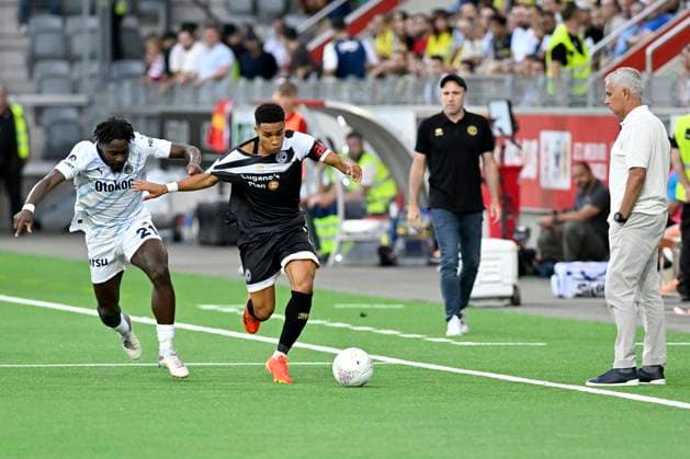 From left to right Bright Osayi Samuel, FB, Yanis Cimignani, FCL, Coach Mattia Croci Torti, FCL, Coach Josà Mourinho, FB, FC Lugano Fenerbahce SK, Champions League qualification, Football, 23 07 2024