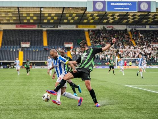 Kyle Vassell of Kilmarnock & Edgaras Utkus of Cercle Brugge. Kilmarnock v Cercle Brugge, UEFA Europa League, 2nd Qualifying Round, Football, The BBSP Stadium Rugby Park, Kilmarnock, UK, 25 Jul 2024 EDITORIAL USE ONLY No use with unauthorised audio, video, data, fixture lists, club league logos or live services. Online in-match use limited to 120 images, no video emulation. No use in betting, games or single club league player publications. Copyright: xStuartxWallace Shutterstockx 14602352cm