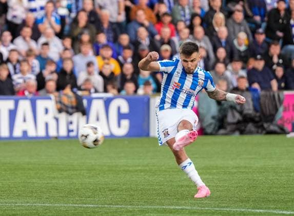 Matty Kennedy of Kilmarnock shoots a direct free-kick. Kilmarnock v Cercle Brugge, UEFA Europa League, 2nd Qualifying Round, Football, The BBSP Stadium Rugby Park, Kilmarnock, UK, 25 Jul 2024 EDITORIAL USE ONLY No use with unauthorised audio, video, data, fixture lists, club league logos or live services. Online in-match use limited to 120 images, no video emulation. No use in betting, games or single club league player publications. Copyright: xStuartxWallace Shutterstockx 14602352cq