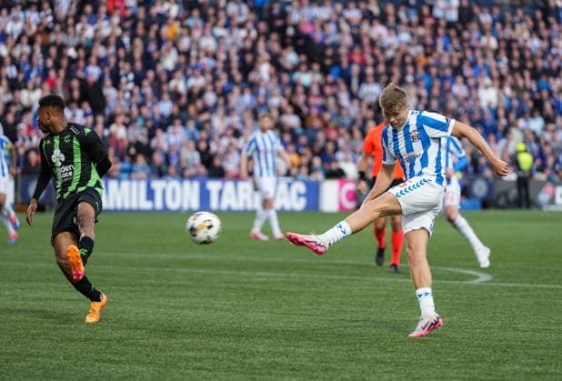 Fraser Murray of Kilmarnock fires a shot a goal late in the game. Murray s effort was saved by a brilliant stop from Cercle Brugge goalkeeper Warleson. Kilmarnock v Cercle Brugge, UEFA Europa League, 2nd Qualifying Round, Football, The BBSP Stadium Rugby Park, Kilmarnock, UK, 25 Jul 2024 EDITORIAL USE ONLY No use with unauthorised audio, video, data, fixture lists, club league logos or live services. Online in-match use limited to 120 images, no video emulation. No use in betting, games or single club league player publications. Copyright: xStuartxWallace Shutterstockx 14602352cs