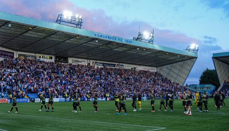 Cercle Brugge captain Thibo Somers leads his team mates as they applaud the Brugge fans after the final whistle. Full-time score Kilmarnock 1 Cercle Brugge 1. Kilmarnock v Cercle Brugge, UEFA Europa League, 2nd Qualifying Round, Football, The BBSP Stadium Rugby Park, Kilmarnock, UK, 25 Jul 2024 EDITORIAL USE ONLY No use with unauthorised audio, video, data, fixture lists, club league logos or live services. Online in-match use limited to 120 images, no video emulation. No use in betting, games or single club league player publications. Copyright: xStuartxWallace Shutterstockx 14602352db