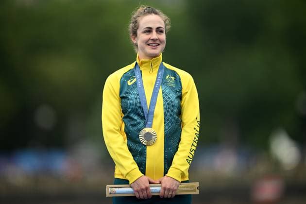 OLY24 CYCLING ROAD, Australian cyclist Grace Brown reacts after winning a gold medal during the Women s Individual Time Trial at Pont Alexandre III as part of the 2024 Paris Olympic Games, Olympische Spiele, Olympia, OS in Paris, France, Saturday, July 27, 2024. ( NO ARCHIVING, EDITORIAL USE ONLY, NO USE IN BOOKS WITHOUT CONSENT PARIS FRANCE Copyright: xJOELxCARRETTx 20240728175833033233