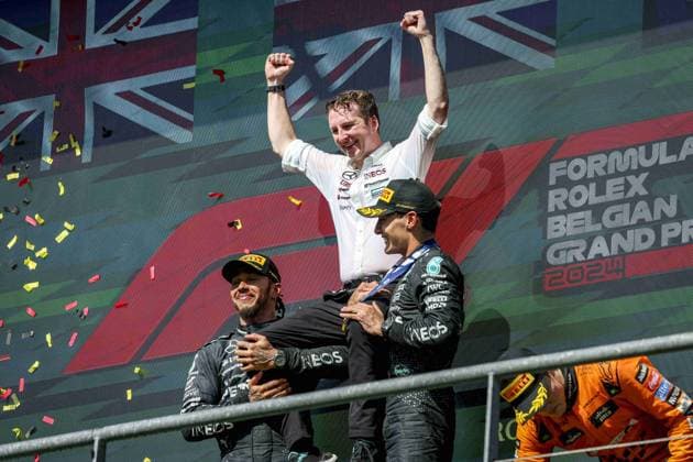 RUSSELL George (gbr), Mercedes AMG F1 Team W15, HAMILTON Lewis (gbr), Mercedes AMG F1 Team W15, portrait, podium during the Formula 1 Rolex Belgian Grand Prix 2024, 14th round of the 2024 Formula One World Championship, WM, Weltmeisterschaft from July 26 to 28, 2024 on the Circuit de Spa-Francorchamps, in Stavelot, Belgium - F1 - BELGIAN GRAND PRIX 2024 DPPI Panoramic 240728_R14_BELGIO_DP_FG007131
