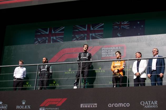 Podium RUSSELL George (gbr), Mercedes AMG F1 Team W15, portrait HAAS Gene (usa), Founder & Chairman of Haas Automation, portrait NORRIS Lando (gbr), McLaren F1 Team MCL38, portrait during the Formula 1 Rolex Belgian Grand Prix 2024, 14th round of the 2024 Formula One World Championship, WM, Weltmeisterschaft from July 26 to 28, 2024 on the Circuit de Spa-Francorchamps, in Stavelot, Belgium - F1 - BELGIAN GRAND PRIX 2024 DPPI Panoramic 240728_R14_BELGIO_DP__F_13462.CR2_