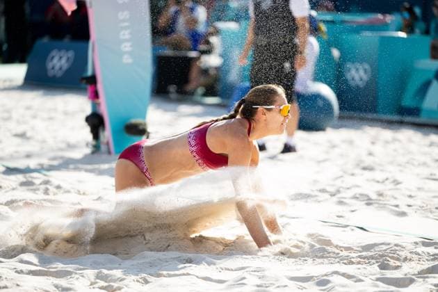 MUELLER Svenja, TILLMANN Cinja Germany vs GRAUDINA Tina, SAMOILOVA Anastasija Latvia , pictured GRAUDINA Tina Latvia , FRA, Olympic Games Paris 2024, Beach Volleyball, Womens Round of 16, 05 08 2024 FRA, Olympic Games Paris 2024, Beach Volleyball, Womens Round of 16, 05 08 2024 Paris Copyright: xEibner-Pressefoto Memmlerx EP_MMR