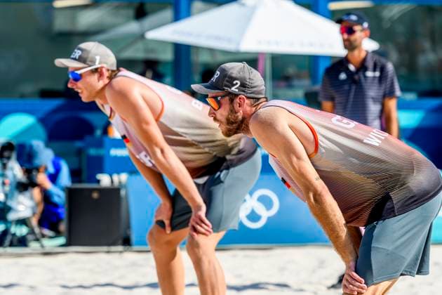 FRA, Summer Olympics Paris 2024, Beach Volleyball , Men , Quarterfinals EHLERS WICKLER GER vs BOERMANS DE GROOT 06 08 2024, Champ de Mars, Paris, FRA, Summer Olympics Paris 2024, Beach Volleyball , Men , Quarterfinals EHLERS WICKLER GER vs BOERMANS DE GROOT, in the picture Nils Ehlers GER with Clemens Wickler GER nordphotoxGmbHx xStraubmeier nph00004