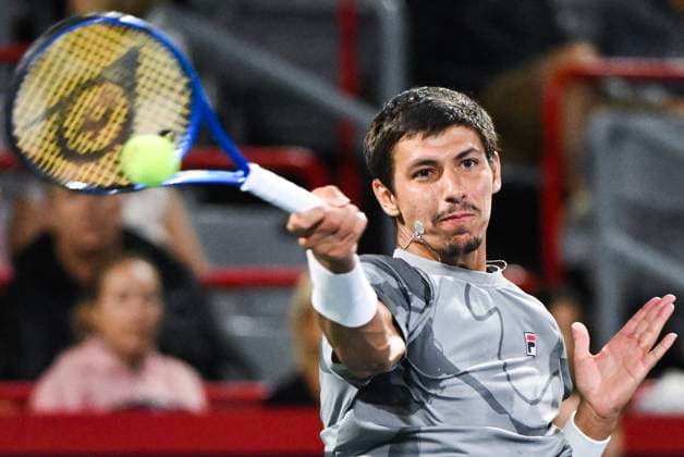 August 11, 2024, Montreal, Pq, Canada: Alexei Popyrin,, of Australia,, plays a shot to Sebastian Korda,, of the United States,, during their semifinal match at the National Bank Open tennis tournament in Montreal, Sunday, Aug. 11, 2024. Alexei Popyrin, Sebastian Korda, - ZUMAc35_ 20240811_zaf_c35_141 Copyright: xGrahamxHughesx