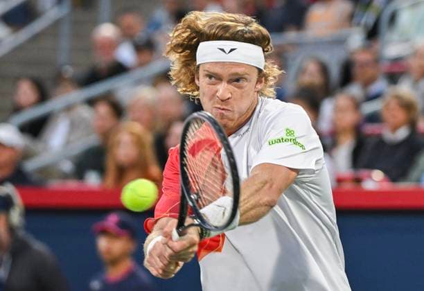 August 12, 2024, Montreal, Pq, Canada: Andrey Rublev, of Russia, plays a shot to Alexei Popyrin, of Australia, during the final of the National Bank Open men s tennis tournament in Montreal, Monday, Aug. 12, 2024. Alexei Popyrin, Andrey Rublev, - ZUMAc35_ 20240812_zaf_c35_103 Copyright: xGrahamxHughesx