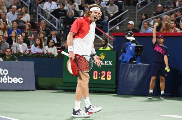 August 12, 2024, Montreal, Pq, Canada: Andrey Rublev, of Russia, reacts following a shot to Alexei Popyrin, of Australia, during the final of the National Bank Open men s tennis tournament in Montreal, Monday, Aug. 12, 2024. Alexei Popyrin, Andrey Rublev, - ZUMAc35_ 20240812_zaf_c35_122 Copyright: xGrahamxHughesx