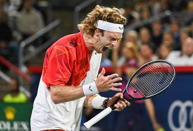August 12, 2024, Montreal, Pq, Canada: Andrey Rublev, of Russia, reacts following a shot to Alexei Popyrin, of Australia, during the final of the National Bank Open men s tennis tournament in Montreal, Monday, August 12, 2024. Alexei Popyrin, Andrey Rublev, - ZUMAc35_ 20240812_zaf_c35_128 Copyright: xGrahamxHughesx