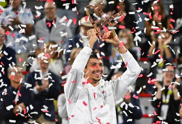 August 12, 2024, Montreal, Pq, Canada: Alexei Popyrin, of Australia, holds up the winners trophy after defeating Andrey Rublev, of Russia, in the final of the National Bank Open men s tennis tournament in Montreal, Monday, Aug. 12, 2024. Alexei Popyrin, Andrey Rublev, - ZUMAc35_ 20240812_zaf_c35_167 Copyright: xGrahamxHughesx