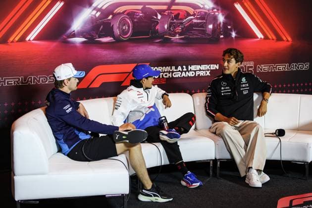 TSUNODA Yuki (jap), Visa Cash App RB F1 Team VCARB 01, portrait RUSSELL George (gbr), Mercedes AMG F1 Team W15, portrait SARGEANT Logan (usa), Williams Racing FW46, portrait press conference, PK, Pressekonferenz during the Formula 1 Heineken Dutch Grand Prix 2024, 15th round of the 2024 Formula One World Championship, WM, Weltmeisterschaft from August 23 to 25, 2024 on the Circuit Zandvoort, in Zandvoort, Netherlands - F1 - DUTCH GRAND PRIX 2024 DPPI Panoramic 240822_R15_OLANDA_DP_XB3_1447