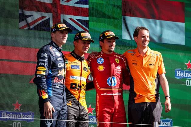 VERSTAPPEN Max (ned), Red Bull Racing RB20, NORRIS Lando (gbr), McLaren F1 Team MCL38, LECLERC Charles (mco), Scuderia Ferrari SF-24, portrait during the Formula 1 Heineken Dutch Grand Prix 2024, 15th round of the 2024 Formula One World Championship, WM, Weltmeisterschaft from August 23 to 25, 2024 on the Circuit Zandvoort, in Zandvoort, Netherlands - F1 - DUTCH GRAND PRIX 2024 DPPI Panoramic 240825_R15_OLANDA_DP_FG0O0096