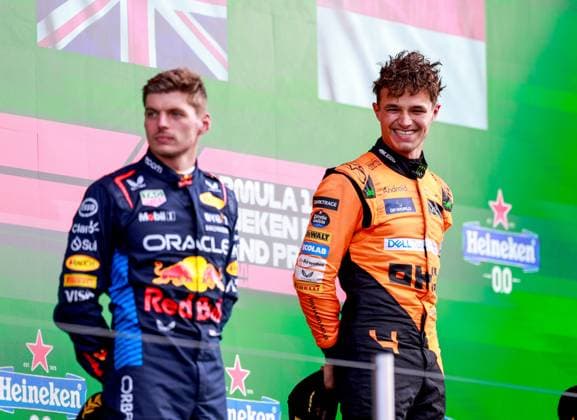 VERSTAPPEN Max (ned), Red Bull Racing RB20, portrait NORRIS Lando (gbr), McLaren F1 Team MCL38, portrait podium during the Formula 1 Heineken Dutch Grand Prix 2024, 15th round of the 2024 Formula One World Championship, WM, Weltmeisterschaft from August 23 to 25, 2024 on the Circuit Zandvoort, in Zandvoort, Netherlands - F1 - DUTCH GRAND PRIX 2024 DPPI Panoramic 240825_R15_OLANDA_DP_F12024GP15NED_JK512141
