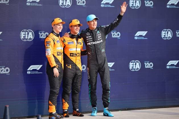 George Russell Mercedes AMG Petronas Formula One Team, 63 , Lando Norris McLaren Formula 1 Team, 04 , Oscar Piastri McLaren Formula 1 Team, 81 , Qualifying , ITA, Formula 1 World Championship, Italian Grand Prix, Autodromo Nazionale Monza, 31 08 2024 ITA, Formula 1 World Championship, Italian Grand Prix, Italy, Autodromo Nazionale Monza, 31 08 2024 Monza Copyright: xEibner-Pressefoto AnnikaxGrafx EP_AGF