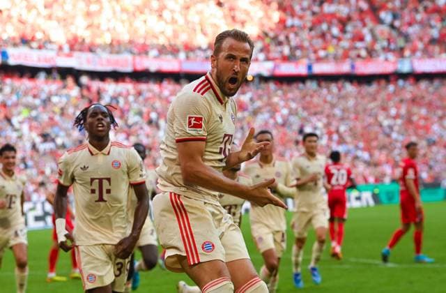 Harry Kane FC Bayern Muenchen celebrates his first goal, Bundesliga, FC Bayern München v SC Freiburg, Allianz Arena on September 01, 2024 in Munich, Germany Photo by Silas Schueller DeFodi Images Harry Kane FC Bayern Muenchen celebrates his first goal, Bundesliga, FC Bayern München v SC Freiburg, Allianz Arena on September 1, 2024 in Munich, Germany Photo by Silas Schueller DeFodi Images DFL regulations prohibit any use of photographs as image sequences and or quasi video Defodi 738 738 BAYSCF 20240901 135 Defodi-738 DFL regulations prohibit any use of photographs as image sequences and or quasi-video.