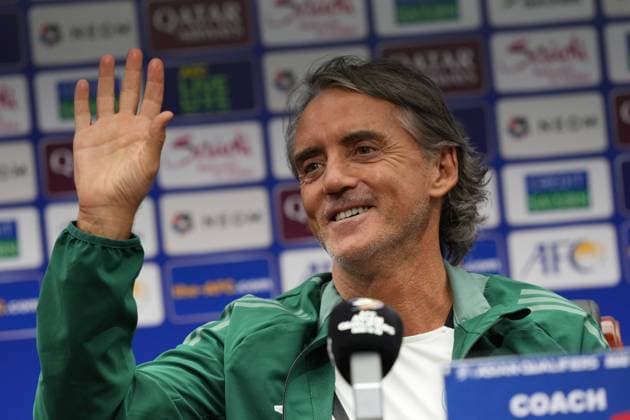 (240909) -- DALIAN, Sept. 9, 2024 -- Roberto Mancini, head coach of Saudi Arabia, attends a press conference, PK, Pressekonferenz prior to the 2026 FIFA World Cup, WM, Weltmeisterschaft, Fussball Asian qualifiers match between China and Saudi Arabia in Dalian, northeast China s Liaoning Province, Sept. 9, 2024. ) (SP)CHINA-DALIAN-FOOTBALL-WORLD CUP-QUALIFIERS-PRESS CONFERENCE (CN) PanxYulong