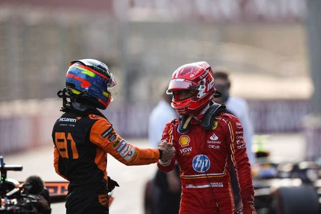 PIASTRI Oscar (aus), McLaren F1 Team MCL38, portrait, LECLERC Charles (mco), Scuderia Ferrari SF-24, portrait during the Formula 1 Azerbaijan Grand Prix 2024, 17th round of the 2024 Formula One World Championship, WM, Weltmeisterschaft from September 13 to 15, 2024 on the Baku City Circuit, in Baku, Azerbaijan - F1 - AZERBAIJAN GRAND PRIX 2024 DPPI Panoramic 240914_R17_AZERBAIJAN_DP_EA018874