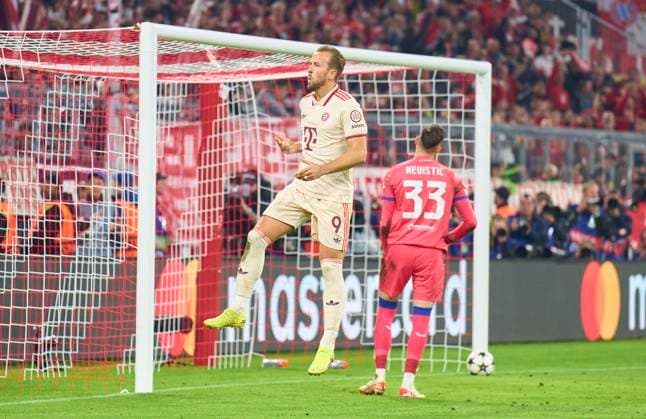 Harry Kane, FCB 9 celebrates his goal, happy, laugh, celebration, 6-2 in the group league match FC BAYERN MUENCHEN - DINAMO ZAGREB of football UEFA Champions League in season 2024 2025 in Munich, Sep 17, 2024 , FCB, 1. Spieltag, München