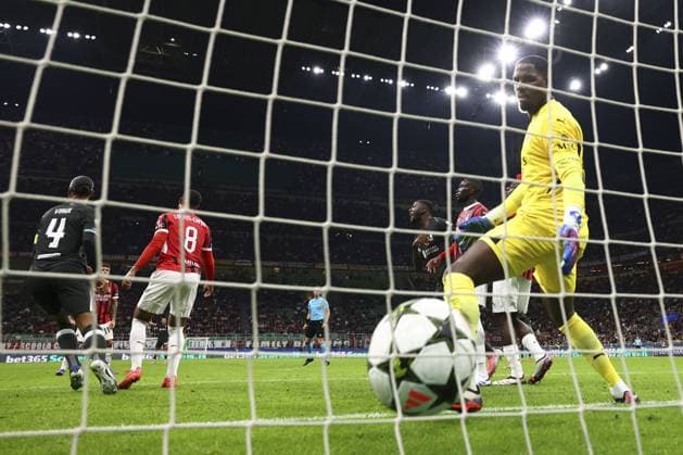 Ibrahima Konate of Liverpool scoring a goal (1-2) AC Milan v Liverpool, UEFA Champions League, Group Stage, Football, San Siro, Milan, Italy, 17 Sep 2024 EDITORIAL USE ONLY No use with unauthorised audio, video, data, fixture lists, club league logos or live services. Online in-match use limited to 120 images, no video emulation. No use in betting, games or single club league player publications. Copyright: xSimonxDael Shutterstockx 14722111ah