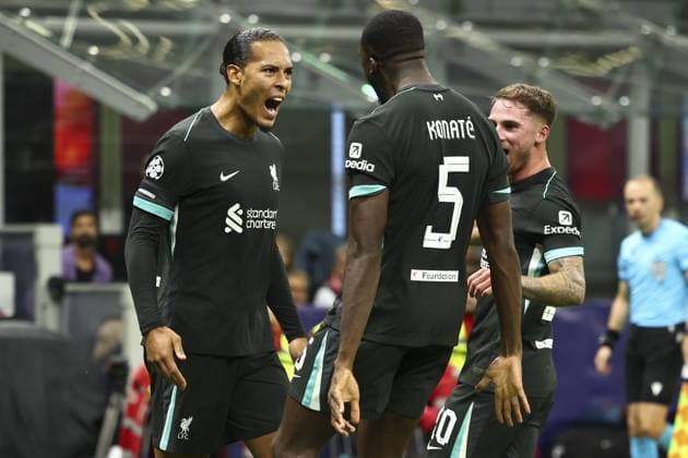 Ibrahima Konate of Liverpool celebrates after scoring a goal (1-2) AC Milan v Liverpool, UEFA Champions League, Group Stage, Football, San Siro, Milan, Italy, 17 Sep 2024 EDITORIAL USE ONLY No use with unauthorised audio, video, data, fixture lists, club league logos or live services. Online in-match use limited to 120 images, no video emulation. No use in betting, games or single club league player publications. Copyright: xSimonxDael Shutterstockx 14722111af