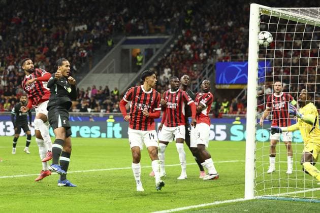 Virgil van Dijk of Liverpool scoring a goal (1-2) AC Milan v Liverpool, UEFA Champions League, Group Stage, Football, San Siro, Milan, Italy, 17 Sep 2024 EDITORIAL USE ONLY No use with unauthorised audio, video, data, fixture lists, club league logos or live services. Online in-match use limited to 120 images, no video emulation. No use in betting, games or single club league player publications. Copyright: xSimonxDael Shutterstockx 14722111aa