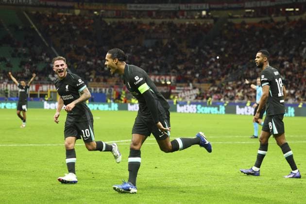 Ibrahima Konate of Liverpool celebrates after scoring a goal (1-2) AC Milan v Liverpool, UEFA Champions League, Group Stage, Football, San Siro, Milan, Italy, 17 Sep 2024 EDITORIAL USE ONLY No use with unauthorised audio, video, data, fixture lists, club league logos or live services. Online in-match use limited to 120 images, no video emulation. No use in betting, games or single club league player publications. Copyright: xSimonxDael Shutterstockx 14722111z