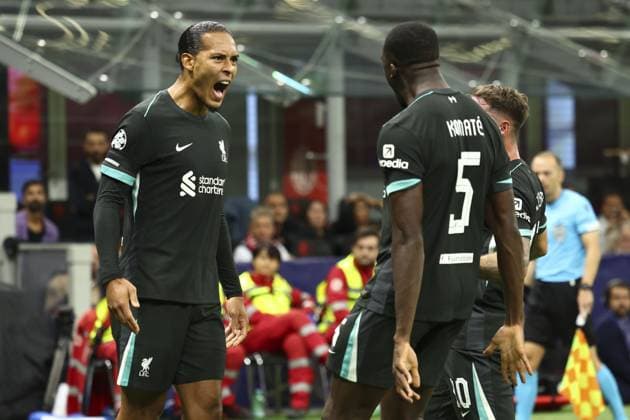 Ibrahima Konate of Liverpool celebrates after scoring a goal (1-2) AC Milan v Liverpool, UEFA Champions League, Group Stage, Football, San Siro, Milan, Italy, 17 Sep 2024 EDITORIAL USE ONLY No use with unauthorised audio, video, data, fixture lists, club league logos or live services. Online in-match use limited to 120 images, no video emulation. No use in betting, games or single club league player publications. Copyright: xSimonxDael Shutterstockx 14722111y