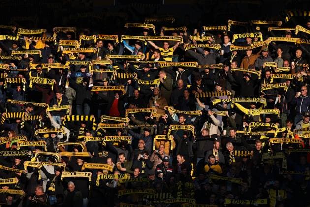 A general view of Young Boys fans holding scarves aloft Young Boys v Aston Villa, UEFA Champions League, Group Stage, Football, Wankdorf Stadium, Bern, Switzerland, 17 Sep 2024 EDITORIAL USE ONLY No use with unauthorised audio, video, data, fixture lists, club league logos or live services. Online in-match use limited to 120 images, no video emulation. No use in betting, games or single club league player publications. Copyright: xMichaelxZemanek Shutterstockx 14722110ca