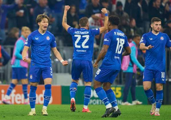 Takuya Ogiwara, Zagreb 3 celebrates his goal, happy, laugh, celebration, 3-2 in the group league match FC BAYERN MUENCHEN - DINAMO ZAGREB 9-2 of football UEFA Champions League in season 2024 2025 in Munich, Sep 17, 2024 , FCB, 1. Spieltag, München