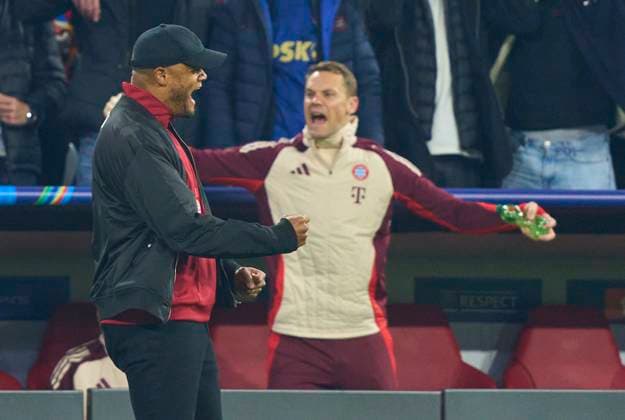 Trainer Vincent Kompany (FCB), team manager, headcoach, coach, Manuel NEUER, goalkeeper FCB 1 celebrate goal, happy, laugh, celebration, 4-2 of Harry Kane, FCB 9 in the group league match FC BAYERN MUENCHEN - DINAMO ZAGREB 9-2 of football UEFA Champions League in season 2024 2025 in Munich, Sep 17, 2024 , FCB, 1. Spieltag, München