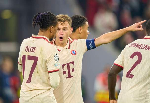 Michael Olise (FCB 17) celebrates his goal, happy, laugh, celebration, 5-2 with Jamal MUSIALA, FCB 42 Joshua KIMMICH, FCB 6 Raphael Guerreiro, FCB 22 Dayot Upamecano , FCB 2 in the group league match FC BAYERN MUENCHEN - DINAMO ZAGREB 9-2 of football UEFA Champions League in season 2024 2025 in Munich, Sep 17, 2024 , FCB, 1. Spieltag, München