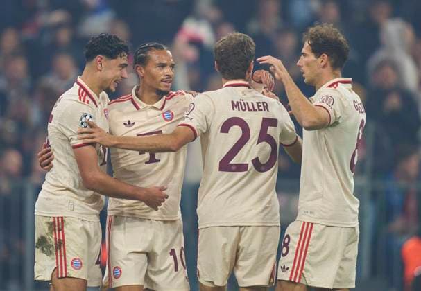 Leroy SANE, FCB 10 scores, shoots goal , Tor, Treffer, Torschuss, celebrates his goal, happy, laugh, celebration, with Aleksandar Pavlovic, FCB 45 Thomas MUELLER, MÜLLER, FCB 25 Leon GORETZKA, FCB 8 in the group league match FC BAYERN MUENCHEN - DINAMO ZAGREB 9-2 of football UEFA Champions League in season 2024 2025 in Munich, Sep 17, 2024 , FCB, 1. Spieltag, München