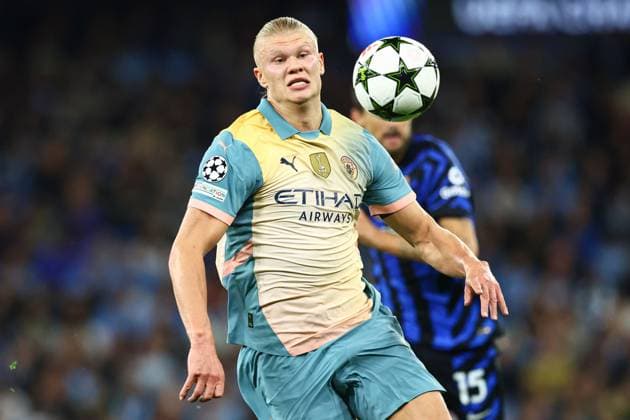 Erling Haaland of Manchester City in action Manchester City v Inter Milan, UEFA Champions League, Group Stage, Football, Etihad Stadium, Manchester, UK, 18 Sep 2024 EDITORIAL USE ONLY No use with unauthorised audio, video, data, fixture lists, club league logos or live services. Online in-match use limited to 120 images, no video emulation. No use in betting, games or single club league player publications. Copyright: xMattxWest Shutterstockx 14722162at