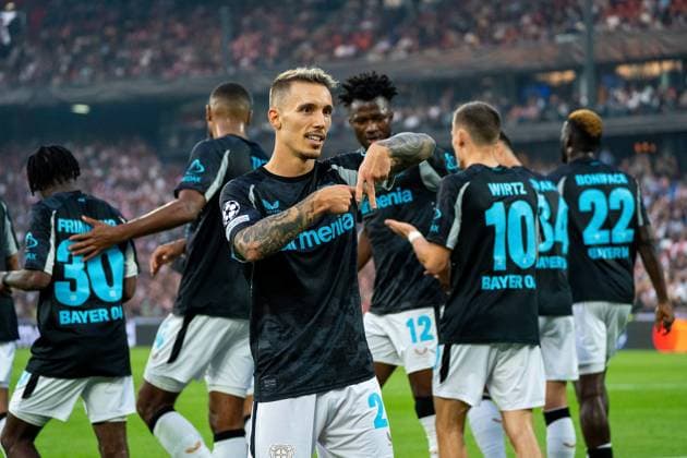 Alejandro Grimaldo Bayer Leverkusen, 20 after his goal for 0 2 Feyenoord Rotterdam vs Bayer Leverkusen, Football, Champions League, Matchday 1, Season 2024 2025, 19 09 2024 Feyenoord Rotterdam vs Bayer Leverkusen, Football, Champions League, Matchday 1, Season 2024 2025, 19 09 2024 Rotterdam Copyright: xEibner-Pressefoto JustinxDerondex EP_JDU