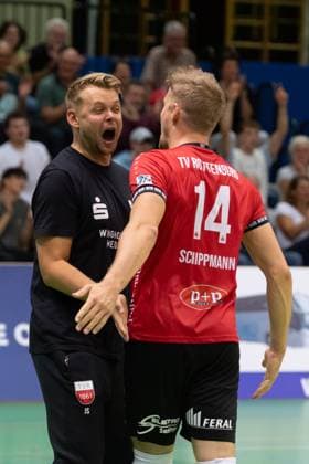 Jan Scheuermann TV Rottenburg, Coach , gestures, cheers, joy with Timon Schippmann TV Rottenburg, 14 GER, TV Rottenburg vs TSV Grafing, Volleyball, Men, 2 Bundesliga, Season 24 25, 21 09 2024, GER, TV Rottenburg vs TSV Grafing, Volleyball, Men, 2 Bundesliga, Season 24 25, 21 09 2024 Rottenburg Copyright: xEibner-Pressefoto WolfgangxFrankx EP_WFK
