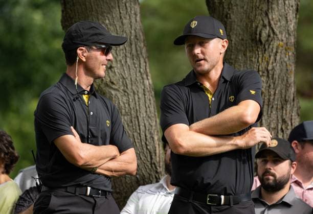 September 27, 2024, Montreal, Pq, CANADA: International team member Mackenzie Hughes of Canada, right speaks with International team captain Mike Weir on the fifth hole of their second round foursome match at the Presidents Cup golf tournament at the Royal Montreal Golf Club, in Montreal, Friday, Sept. 27, 2024. Canada News - September 27, 2024 - ZUMAc35_ 20240927_zaf_c35_125 Copyright: xChristinnexMuschix
