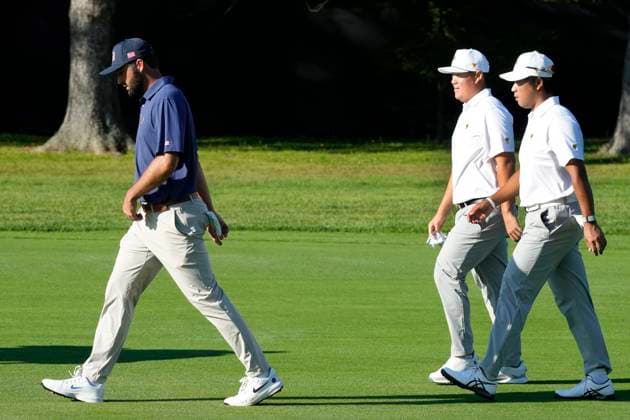 September 28, 2024, Montreal, Pq, Canada: United States team member Scottie Scheffler, left to right, is followed by International team members Sungjae Im, of South Korea, and Hideki Matsuyama, of Japan, as they walk up the fifth fairway during their fourth round foursomes match at the Presidents Cup golf tournament at Royal Montreal Golf Club, in Montreal, Saturday, Sept. 28, 2024. Scottie Scheffler, Hideki Matsuyama, Sungjae Im - ZUMAc35_ 20240928_zaf_c35_135 Copyright: xFrankxGunnx