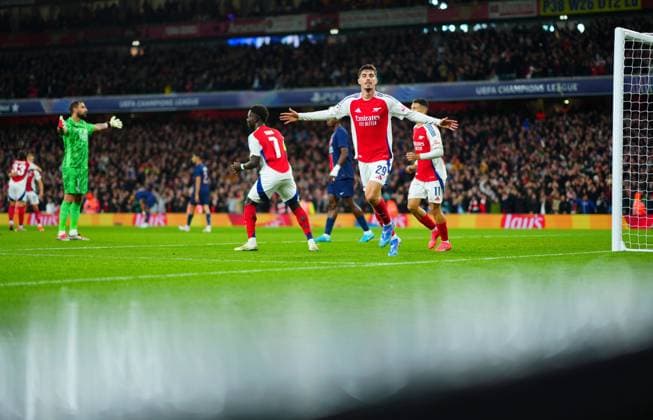 Kai Havertz of Arsenal celebrates scoring the opening goal Arsenal v Paris Saint-Germain, UEFA Champions League, Group Stage, Football, Emirates Stadium, London, UK, 01 Oct 2024 EDITORIAL USE ONLY No use with unauthorised audio, video, data, fixture lists, club league logos or live services. Online in-match use limited to 120 images, no video emulation. No use in betting, games or single club league player publications. Copyright: xJavierxGarcia Shutterstockx 14750159p