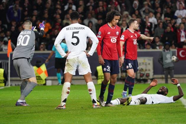 Antonio Rudiger of Real Madrid reacts after a late miss Lille v Real Madrid, UEFA Champions League, Group Stage, Football, Pierre Mauroy Stadium, Lille, France, 02 Oct 2024 EDITORIAL USE ONLY No use with unauthorised audio, video, data, fixture lists, club league logos or live services. Online in-match use limited to 120 images, no video emulation. No use in betting, games or single club league player publications. Copyright: xDavexWinter Shutterstockx 14750773cw