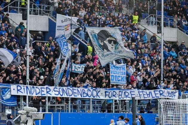 The fans of TSG 1899 Hoffenheim show a banner in the fan curve, banner with the inscription Rino the scapegoat for your mistakes, solidarity with Pellegrino Matarazzo Rino, coach, head coach, Hoffenheim, not in picture , protest, protest action, protest, action, action, fans, Ultras audience, spectators, mood, atmosphere, stadium, 03 10 2024, Sinsheim Germany , football, UEFA Europa League, group stage, TSG 1899 Hoffenheim Dynamo Kiev, REGULATIONS PROHIBIT ANY USE OF PHOTOGRAPHS AS IMAGE SEQUENCES AND OR QUASI VIDEO xozx