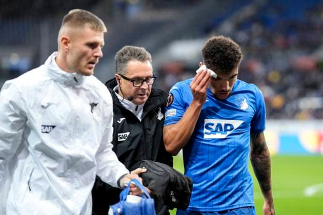 Valentin Gendrey Hoffenheim, 15 needs treatment, injured, injury, injury break, action, action, match scene, 03 10 2024, Sinsheim Germany , Football, UEFA Europa League, group stage, TSG 1899 Hoffenheim Dynamo Kiev, REGULATIONS PROHIBIT ANY USE OF PHOTOGRAPHS AS IMAGE SEQUENCES AND OR QUASI VIDEO xozx