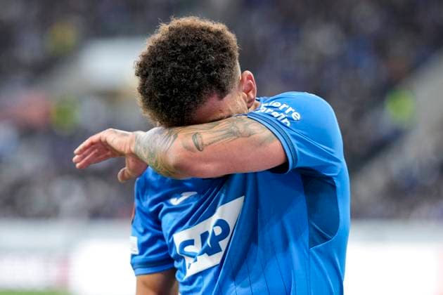 Valentin Gendrey Hoffenheim, 15 , single image, single photo, action, action, looking disappointed, disappointment, frustration, disappointed, pessimistic, TSG 1899 Hoffenheim player, 03 10 2024, Sinsheim Germany , Football, UEFA Europa League, Group Stage, TSG 1899 Hoffenheim Dynamo Kiev, REGULATIONS PROHIBIT ANY USE OF PHOTOGRAPHS AS IMAGE SEQUENCES AND OR QUASI VIDEO xozx